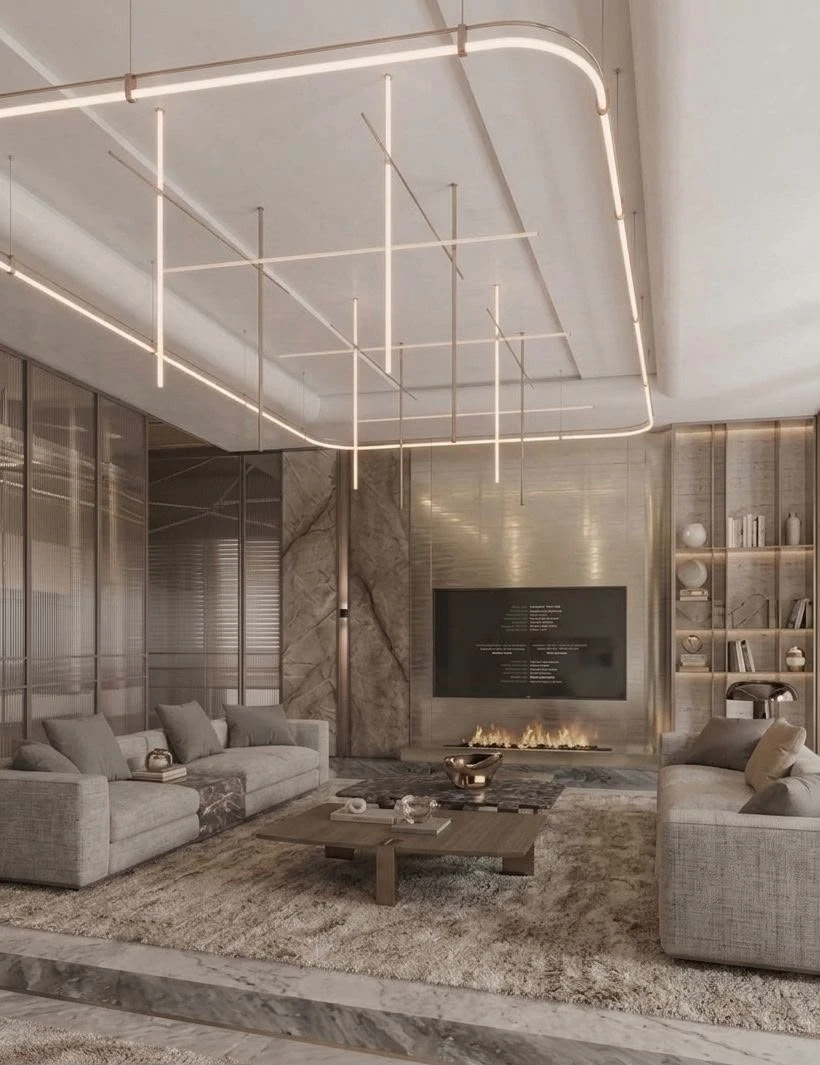 Gionova living room interior with sculptural suspended lighting, stone finishes and layered architectural detailing