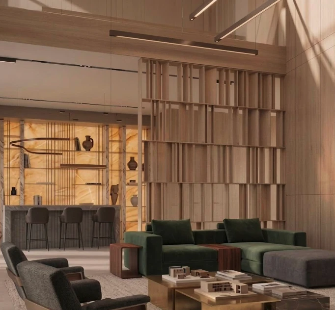 Gionova contemporary living room render with green seating, timber screens and integrated warm lighting
