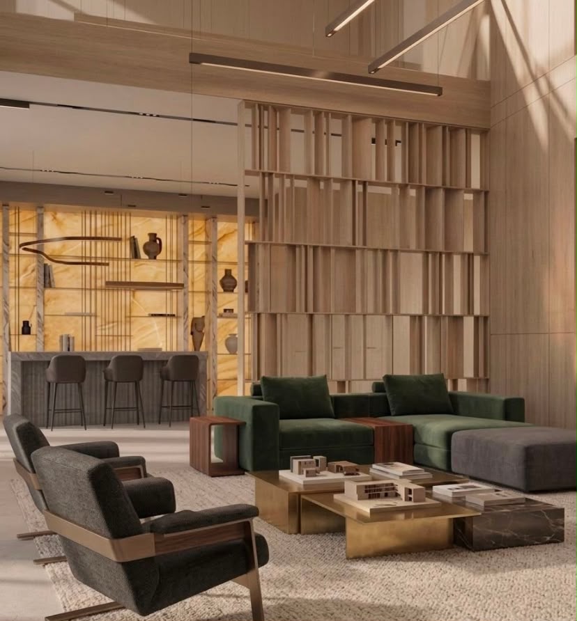 Alabaster 700 sqm residential lounge interior design in Dubai with warm timber, green seating, integrated shelving and sculptural lighting