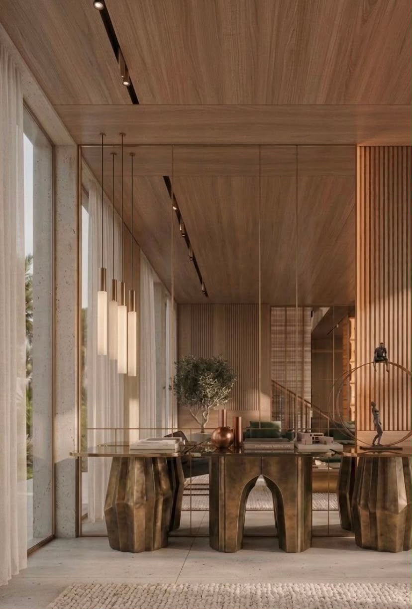Alabaster residential study interior design in Dubai with warm timber ceiling, sculptural desk, pendant lighting and full-height glazing