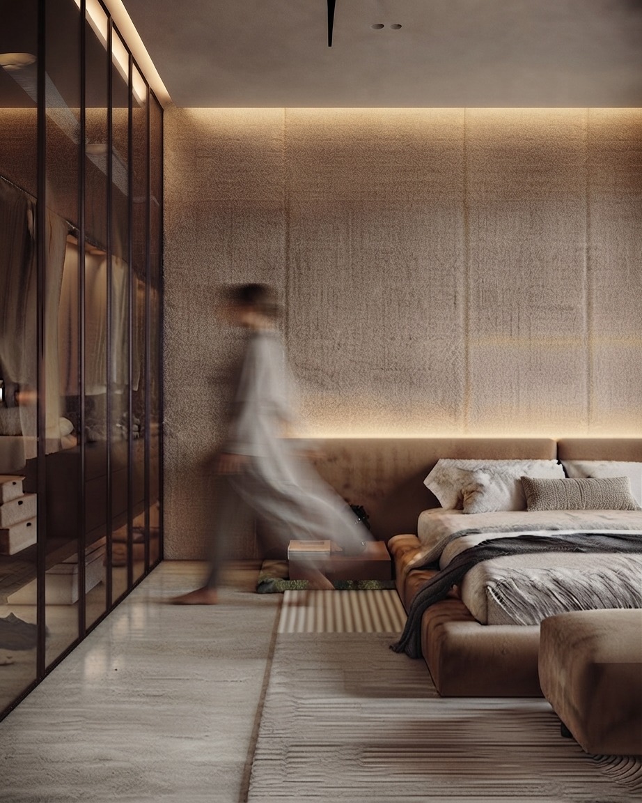 AVII residential bedroom and wardrobe interior in Dubai with glass-fronted storage, warm textured walls, layered bedding and motion-blurred figure