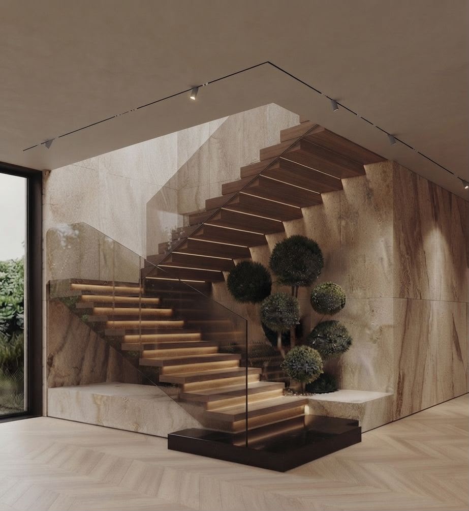 AVII 500 sqm residential living room interior in Dubai with timber ceiling, natural stone shelving, soft neutral seating and integrated architectural lighting