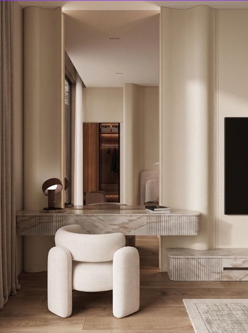 AVII neutral residential bedroom in Dubai with textured wall panels, natural stone bedside surfaces, soft upholstered bed and linear pendant lights