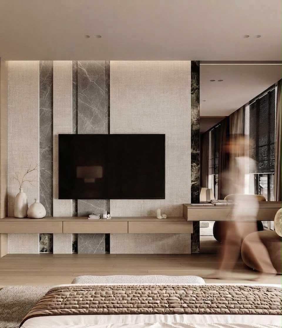 Luna bedroom TV wall interior design in Dubai with bespoke joinery, stone detailing and soft neutral finishes