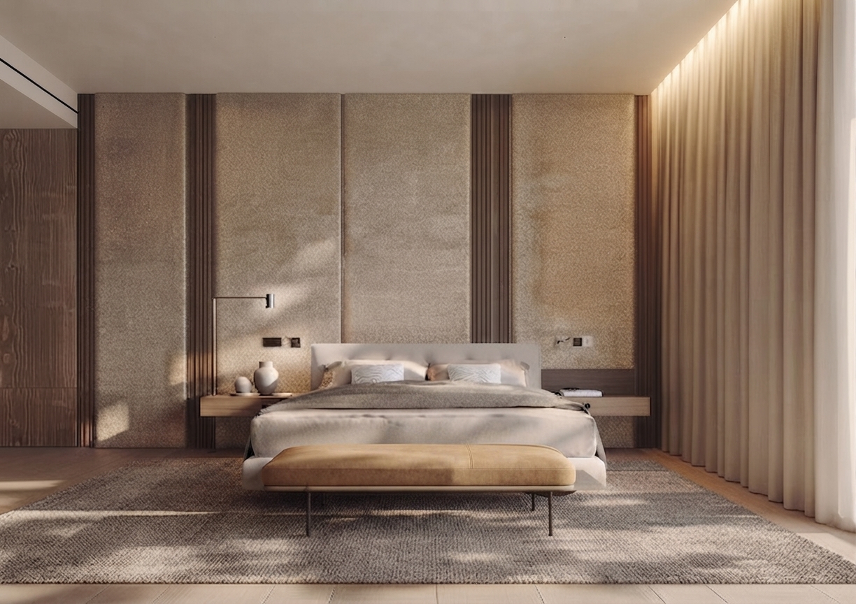 Luna master bedroom interior design in Dubai with warm textured wall panels, soft daylight and custom bedside joinery