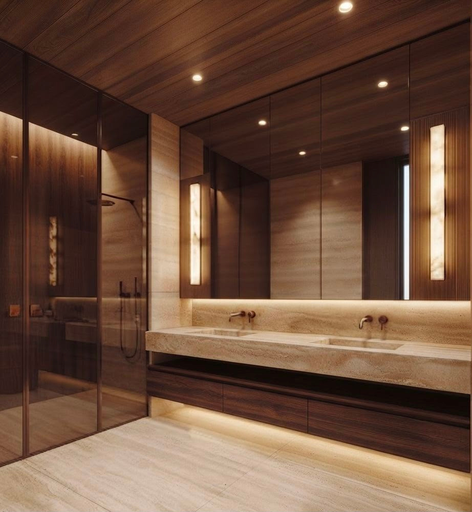 Miagma residential bathroom interior in Dubai with double stone vanity, dark timber cabinetry, mirrored wall panels and vertical illuminated stone details