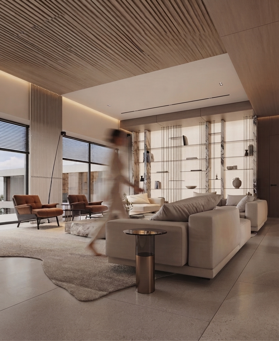 Miagma residential corridor interior in Dubai with timber flooring, pale wall panels, travertine stone and mirrored architectural detailing