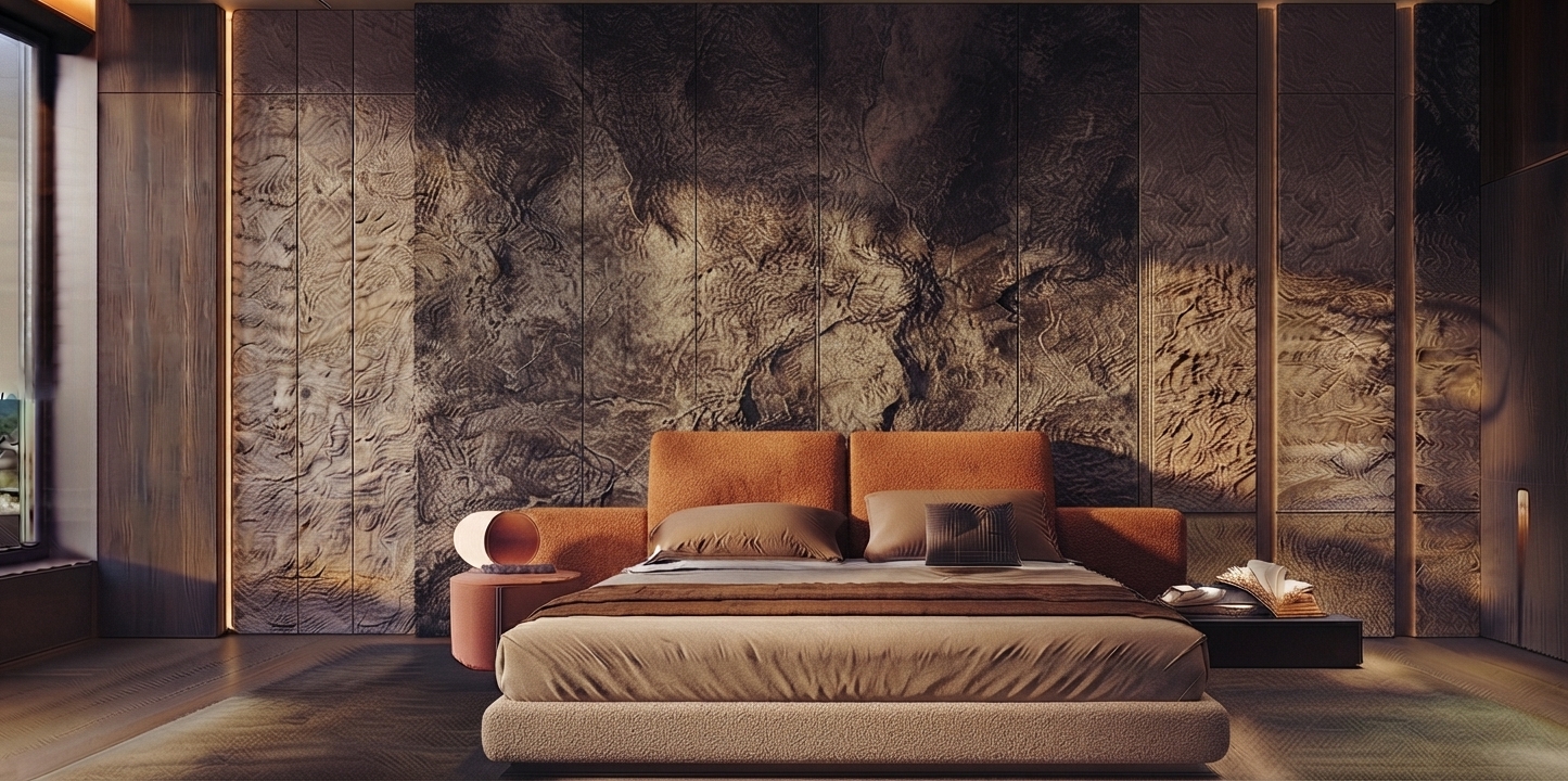 Miagma 600 sqm residential interior project in Dubai featuring a dramatic bedroom with an illuminated sculptural feature wall and warm layered materials
