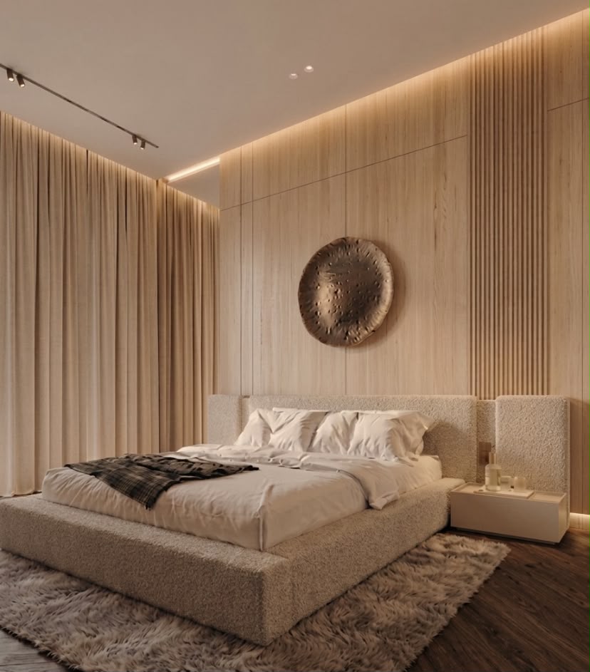 Opus residential bedroom interior in Dubai with warm timber wall panels, integrated cove lighting, upholstered bed and neutral textured finishes