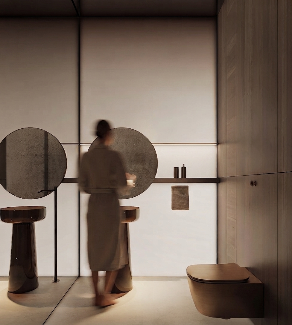 Sihaya Spa bathroom in Dubai with circular mirrors, sculptural basins and integrated backlighting