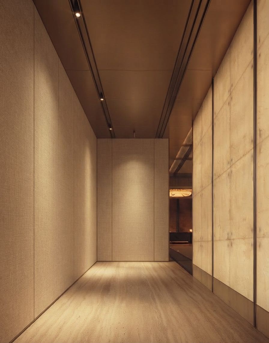Sihaya Spa interior corridor in Dubai with warm wall panels and linear ceiling lighting