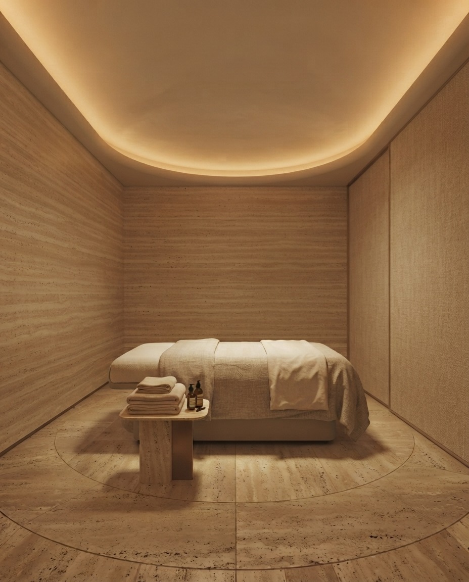 Sihaya Spa treatment room in Dubai with warm cove lighting and natural stone finishes