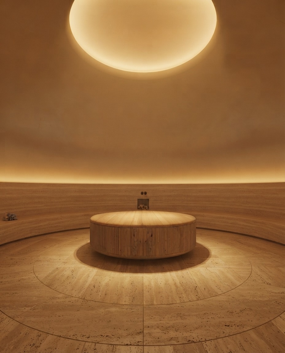 Circular wellness room with integrated ambient ceiling light at Sihaya Spa in Dubai