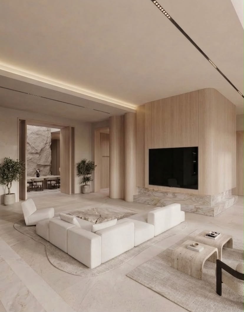 Solara 800 sqm residential living room interior in Dubai with pale timber, natural stone and integrated architectural lighting