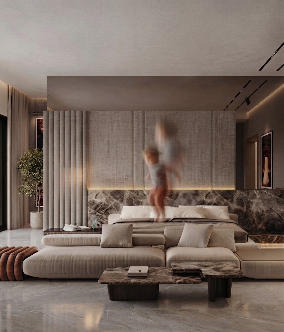 Syrus bedroom interior design in Dubai with marble feature wall, upholstered seating and warm integrated lighting