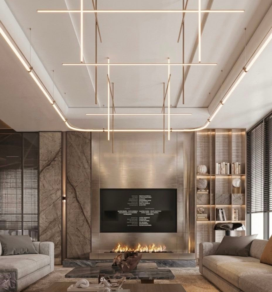 Syrus living room interior design in Dubai with fireplace, stone wall panels, bespoke shelving and sculptural ceiling lighting